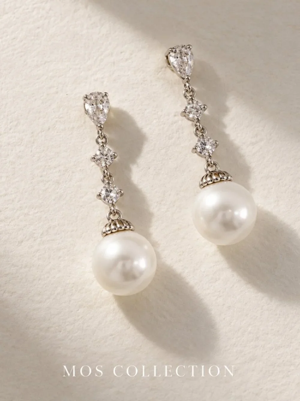 Pearl Crystal Drop Earrings Silver Statement Jewelry MOS COLLECTION
